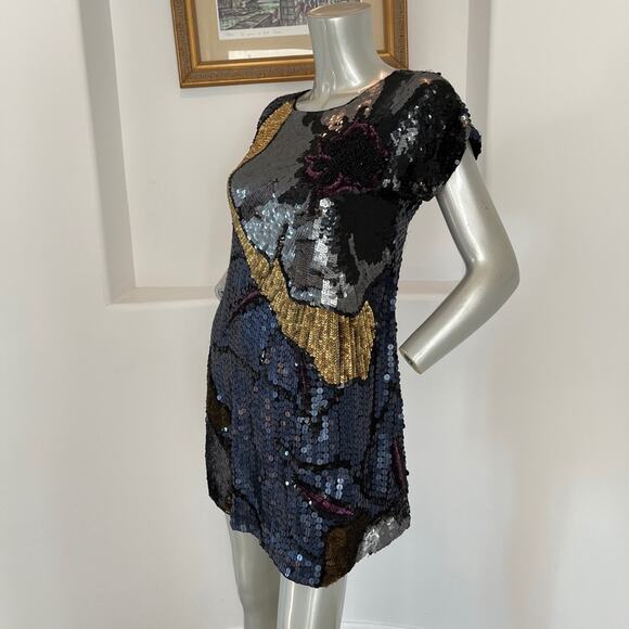 French Connection Navy Blue Gold Sequin Shift Mini Dress Cocktail Party Size 2 - Picture 2 of 15